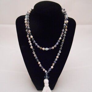 Mala Bead Necklace, Blue And White Stone Beads, Handmade, Jewelry, Meditation